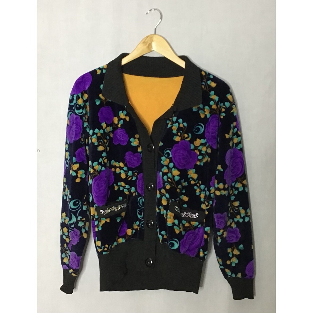 Woman's Multicolor Bohemian Floral Design Long Sleeve Collared Cardigan Sweater